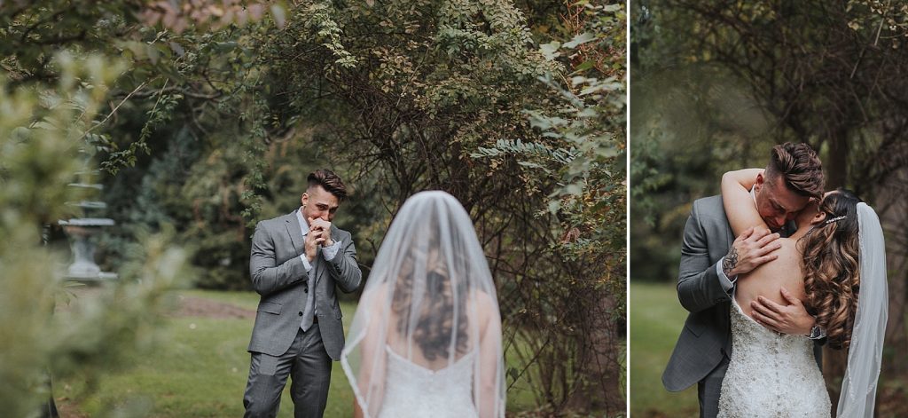 first look bride and groom reveal groom crying at shadowbrook in nj fall wedding